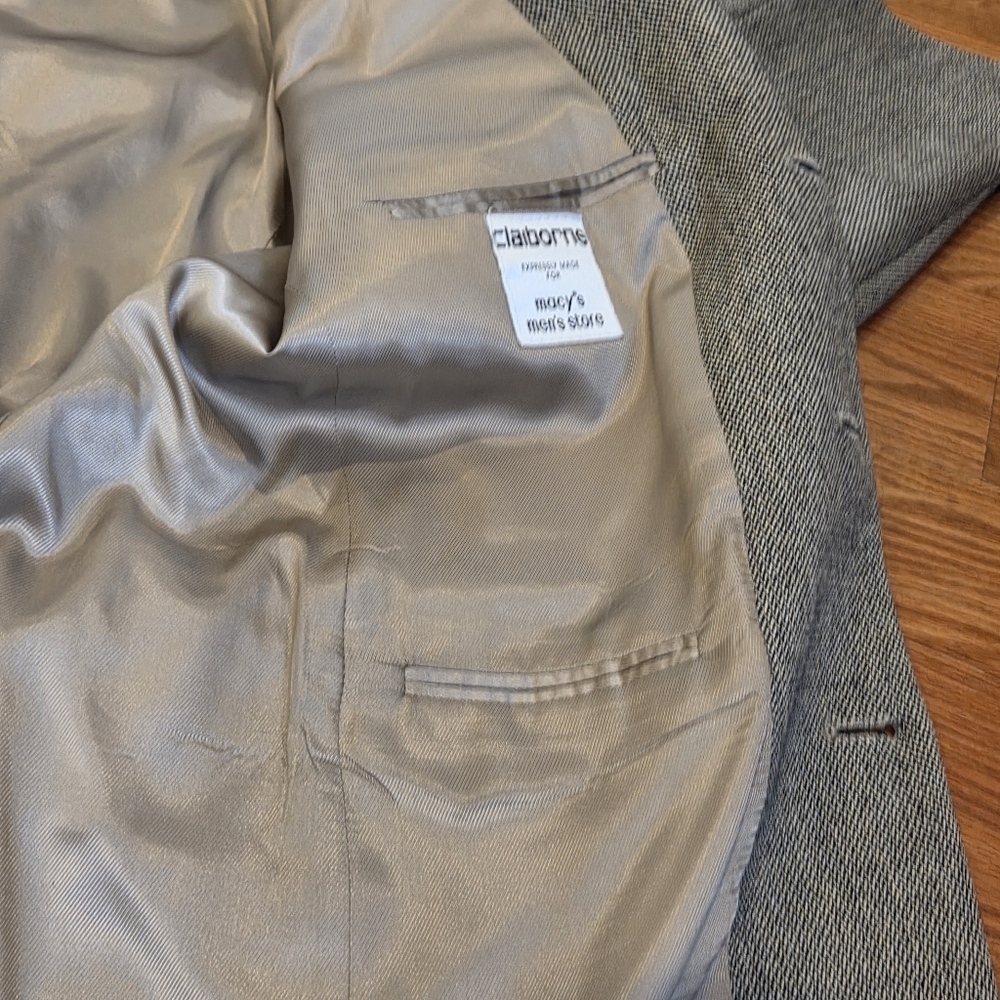VTG Tweed Jacket L Black Beige Herringbone 100% Lambs Wool Blazer Sport Coat 44R - Picture 10 of 16